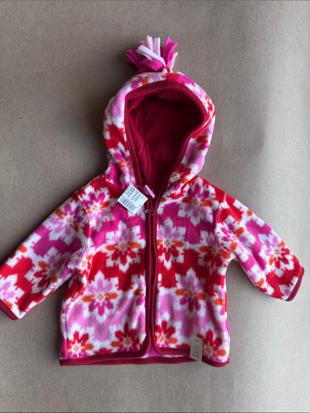 NWT 3-6 months Girl The Children's Place Pink Red Floral Fleece Zip Hoodie